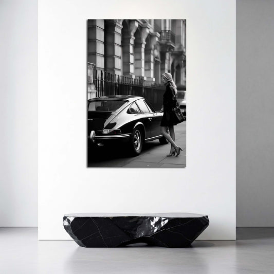 Fotografie Oldtimer Frau stilvoll schwarz weiß Wandbild