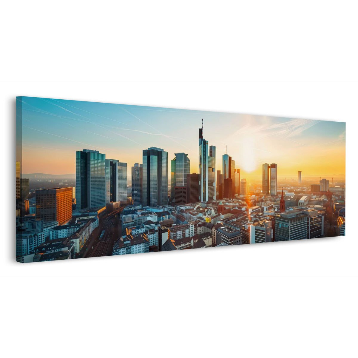 Frankfurt Skyline bei Sonnenaufgang Panorama Wandbild im Querformat
