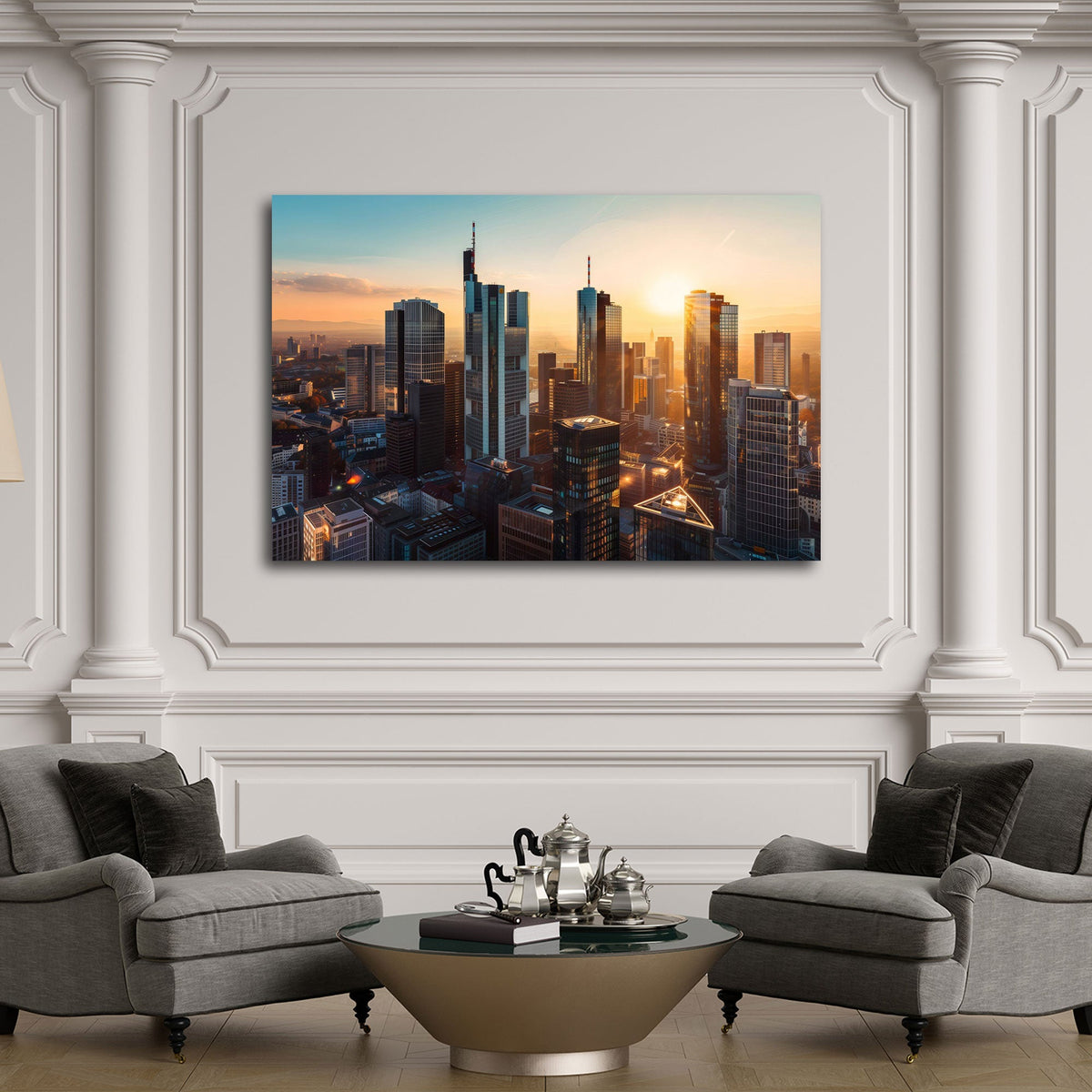 Frankfurt Wandbild über einem Sofa im Wohnraum