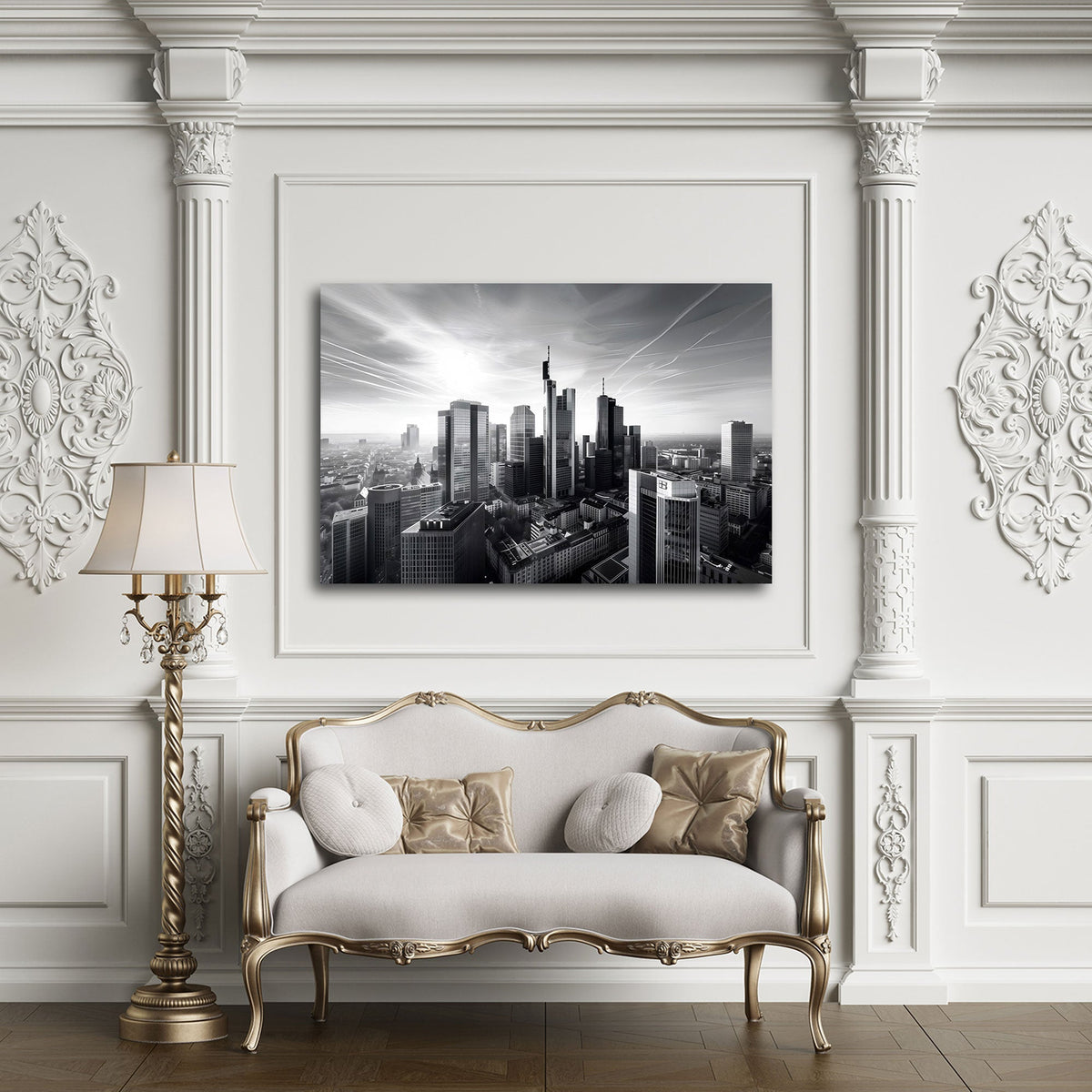 Frankfurt Wandbild in Schwarz-Weiß über einem Sofa im Wohnraum