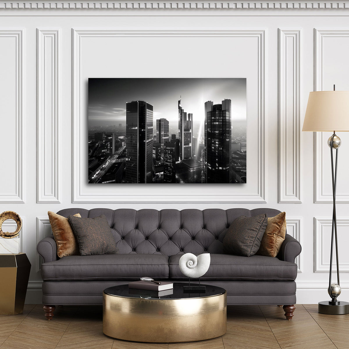 Frankfurt Wandbild in Schwarz-Weiß über einem Sofa im Wohnraum