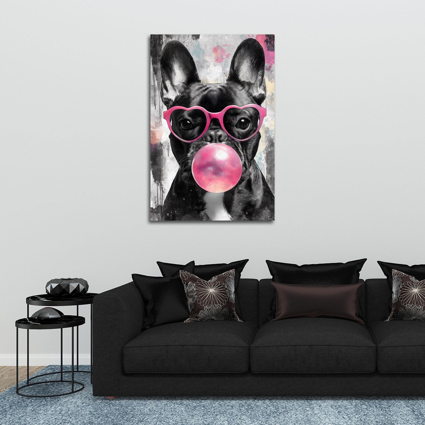 Franzoesische Bulldogge blaest rosa Kaugummiblase Wandbild