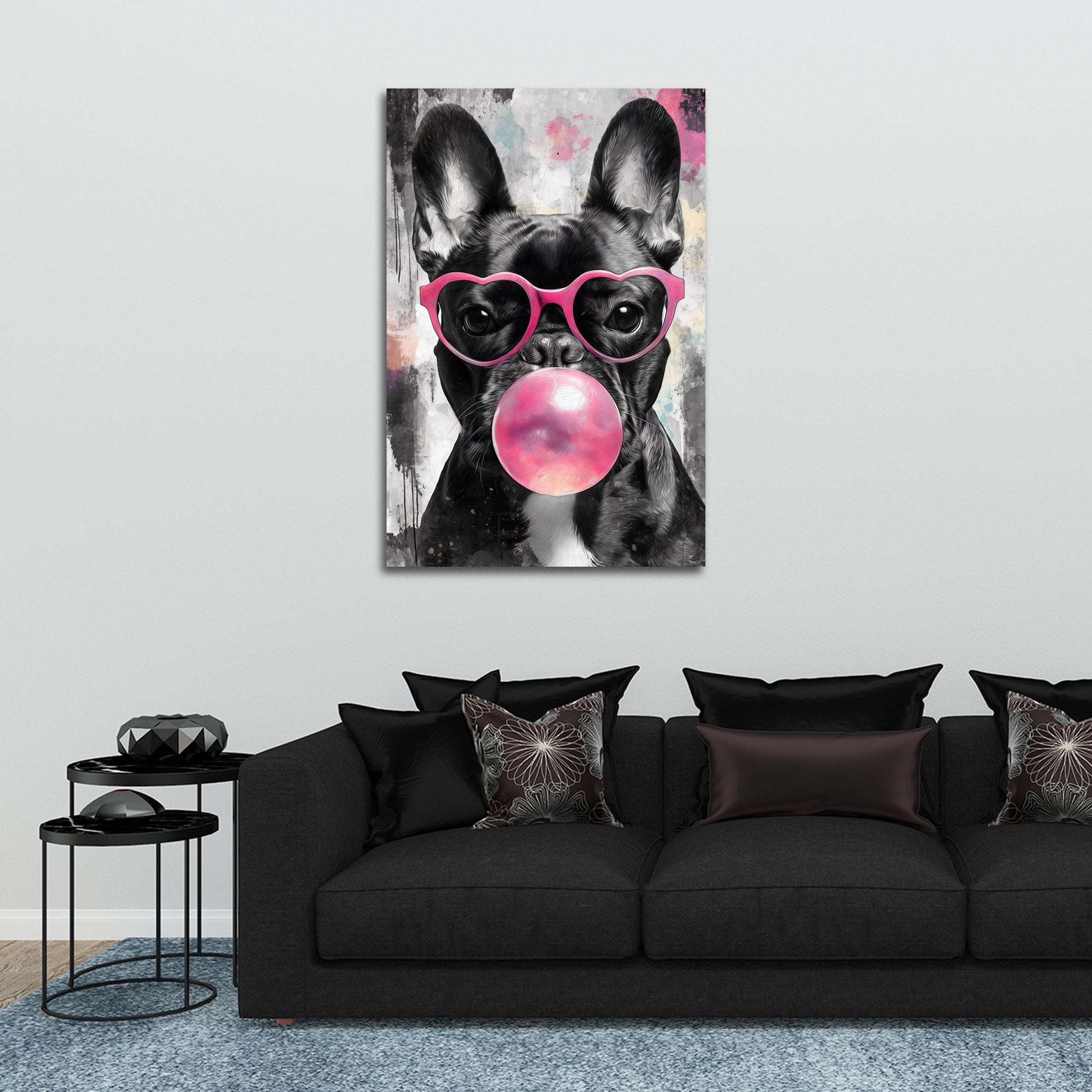Franzoesische Bulldogge blaest rosa Kaugummiblase Wandbild