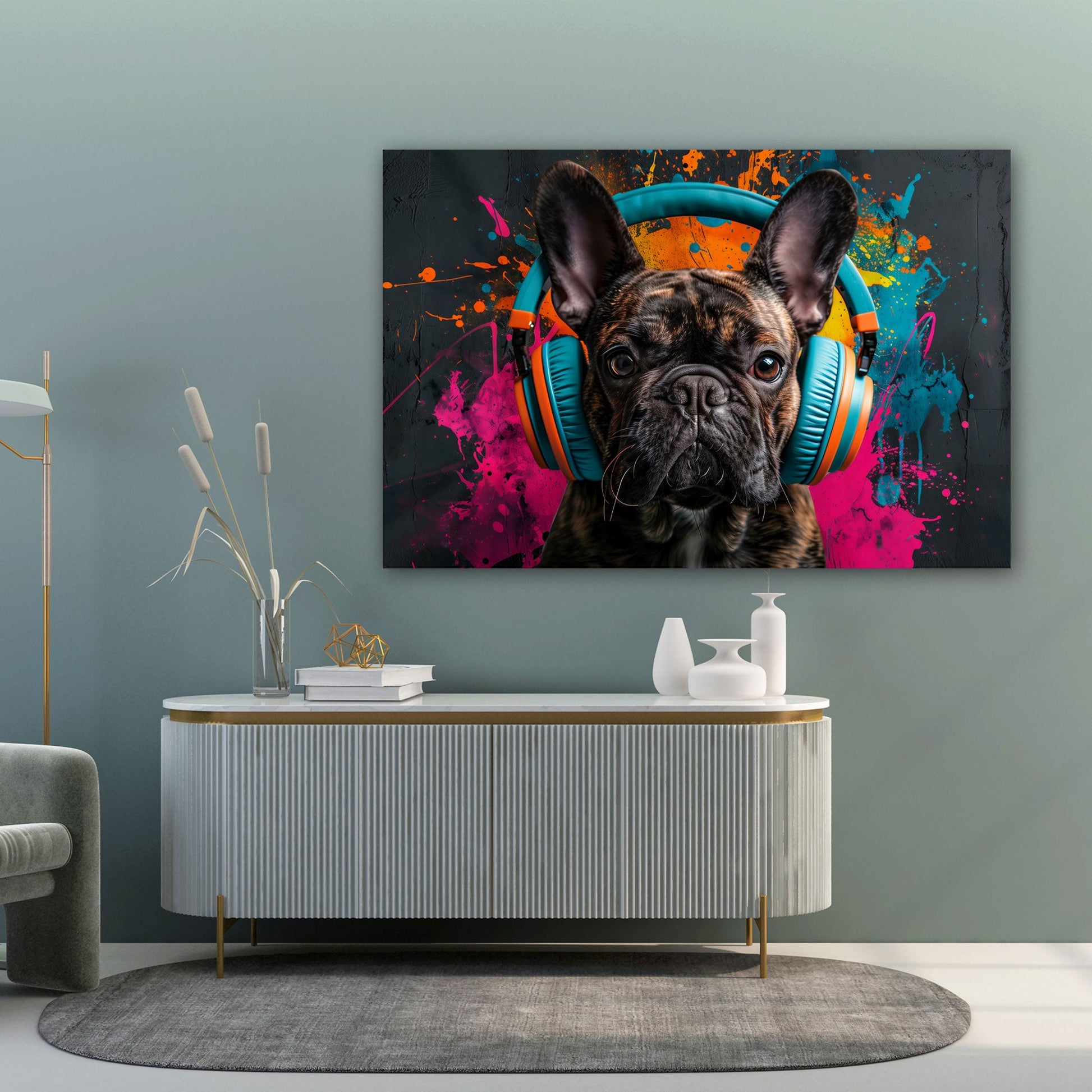 Französische Bulldogge Street-Art Wandbild im Wohnzimmer