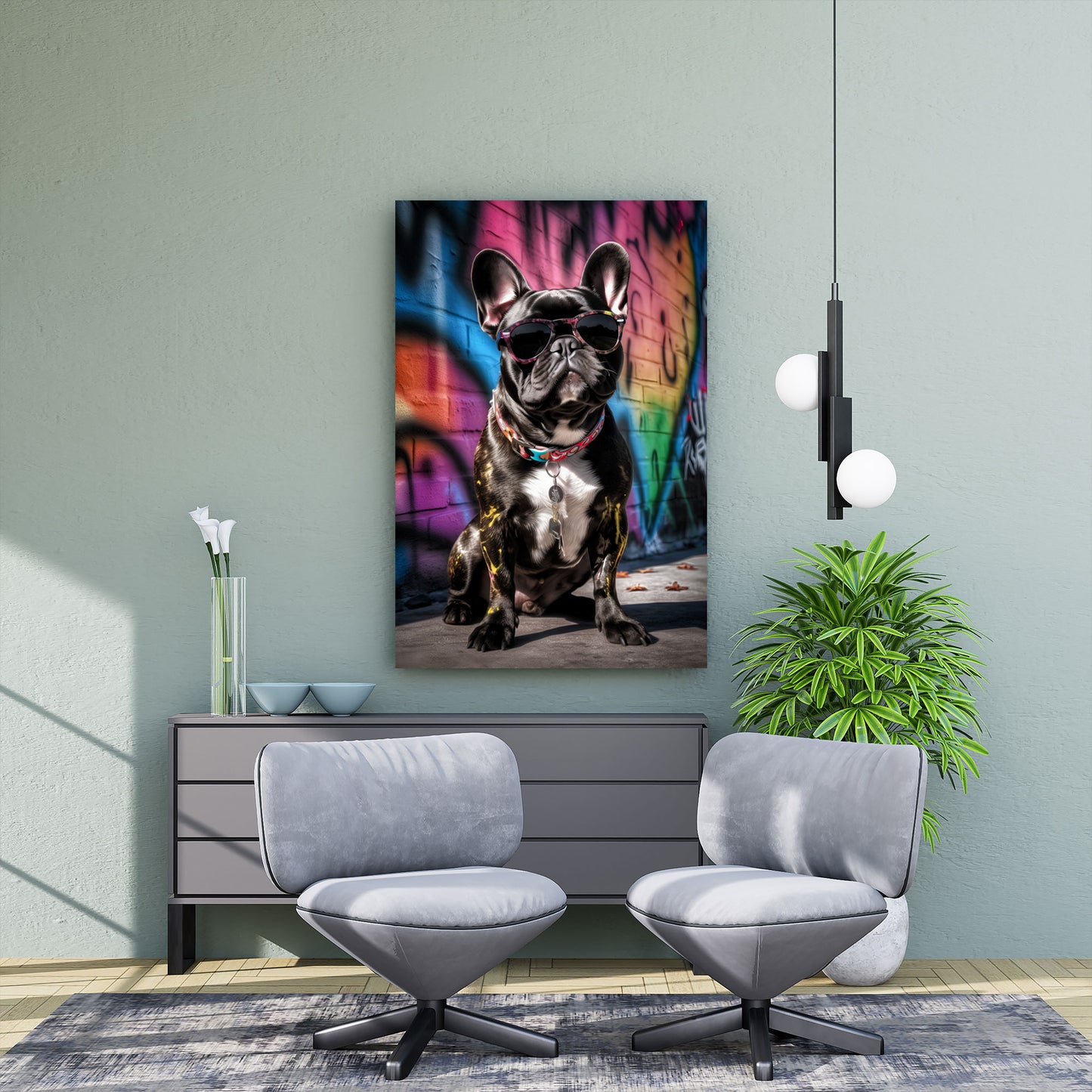 Französische Bulldogge mit Sonnenbrille Graffiti Wandbild