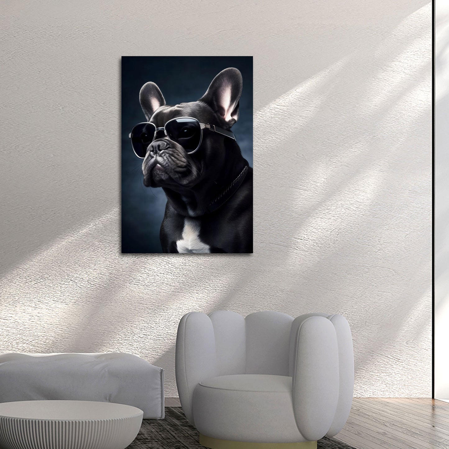 Französische Bulldogge mit Sonnenbrille Studiolicht Wandbild