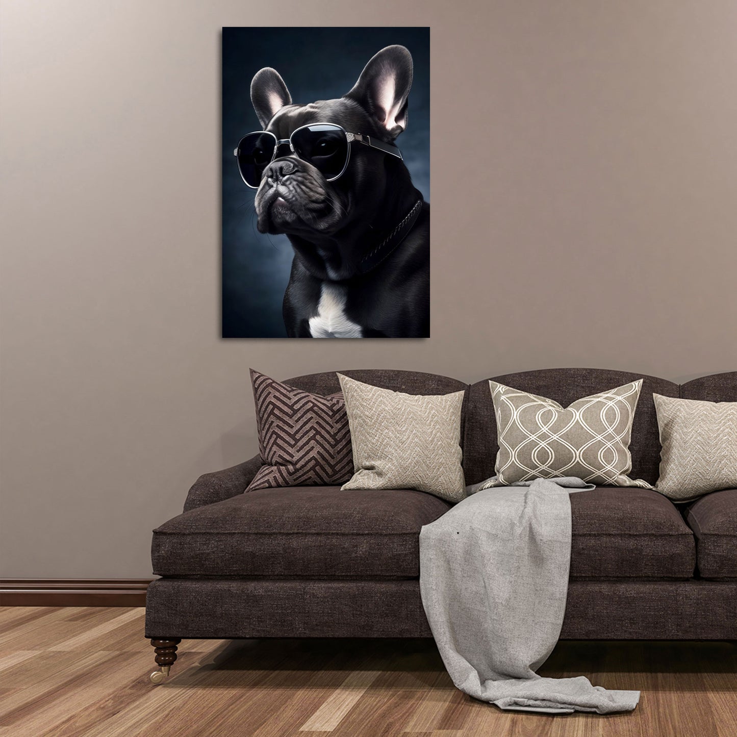 Französische Bulldogge mit Sonnenbrille Studiolicht Wandbild