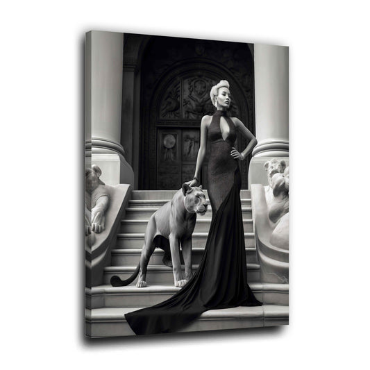 Frau Abendkleid schwarz weiß Treppe Löwin Eleganz Luxus Wandbild