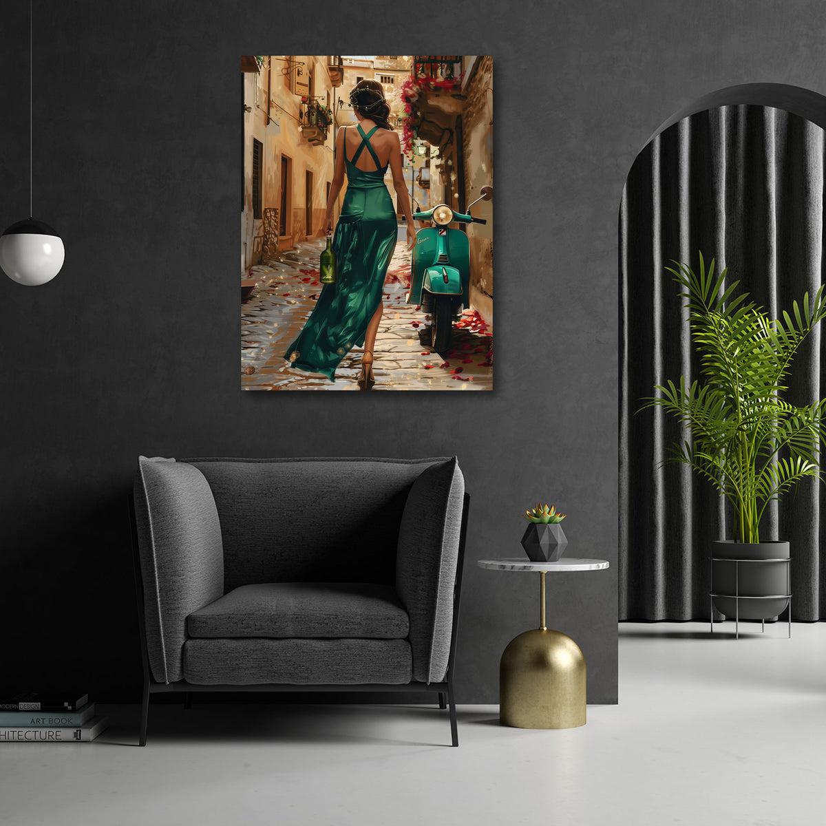 Frau im grünen Kleid mit Vespa farbenfroh Wandbild