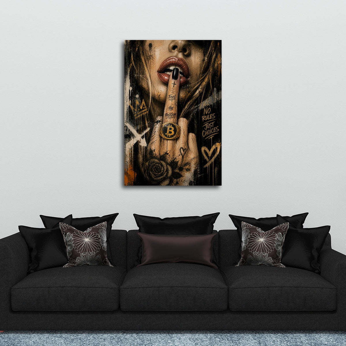 Frau mit Bitcoin Ring und Finger an den Lippen Wandbild