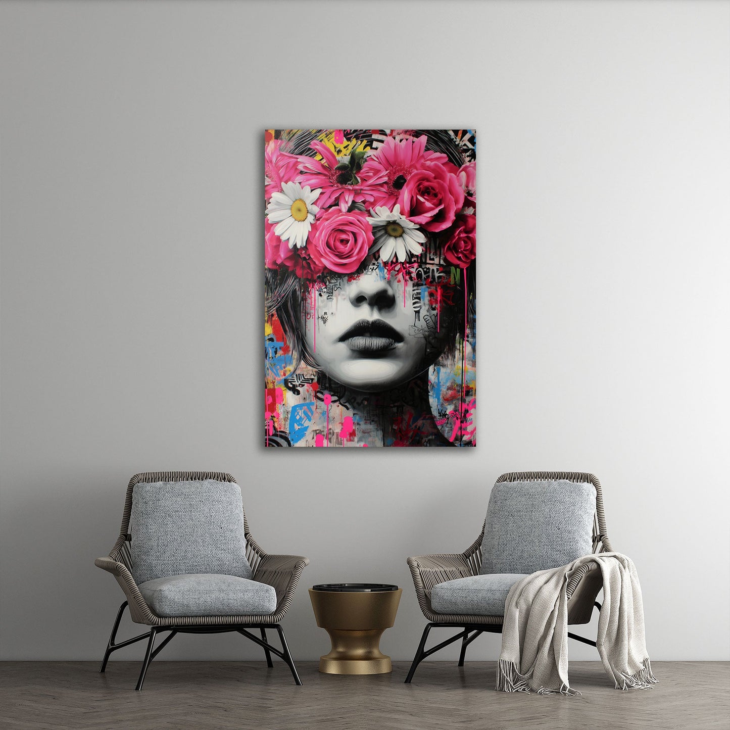 Frau mit Blumenkranz Graffiti Art Wandbild