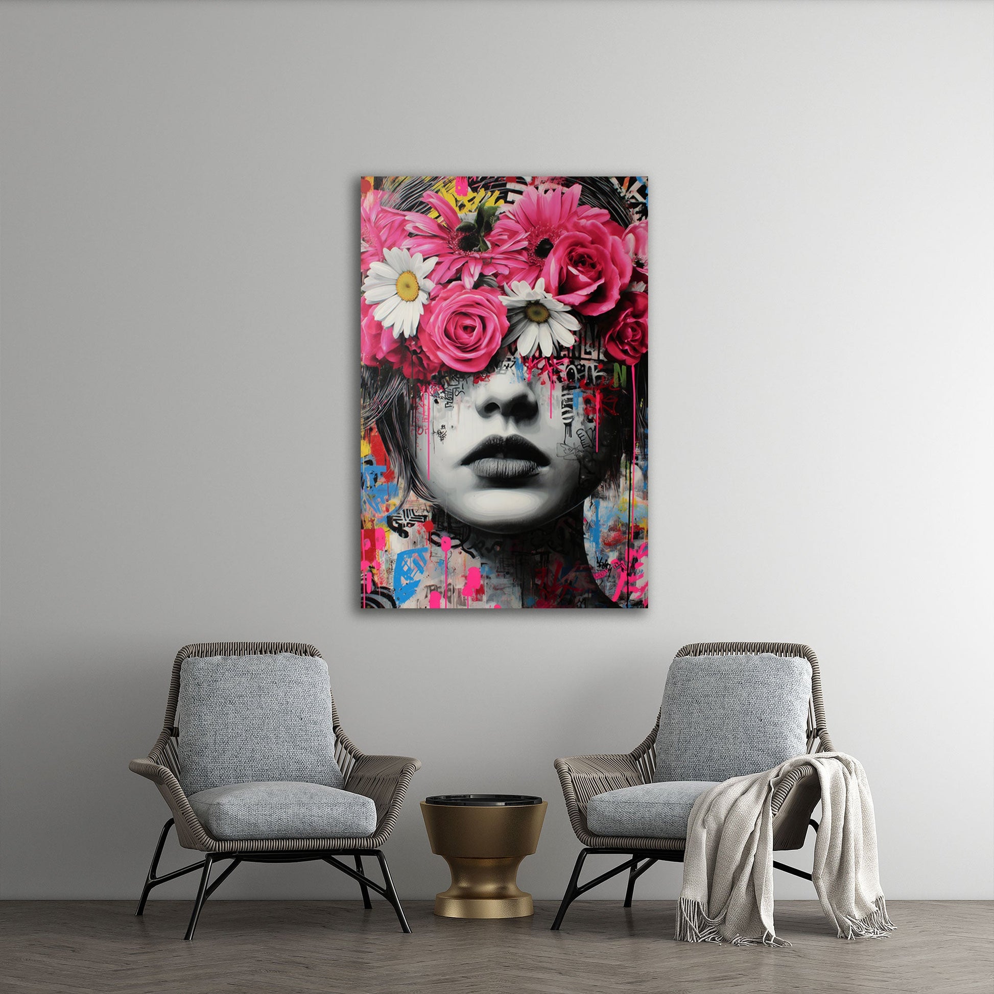 Frau mit Blumenkranz Graffiti Art Wandbild