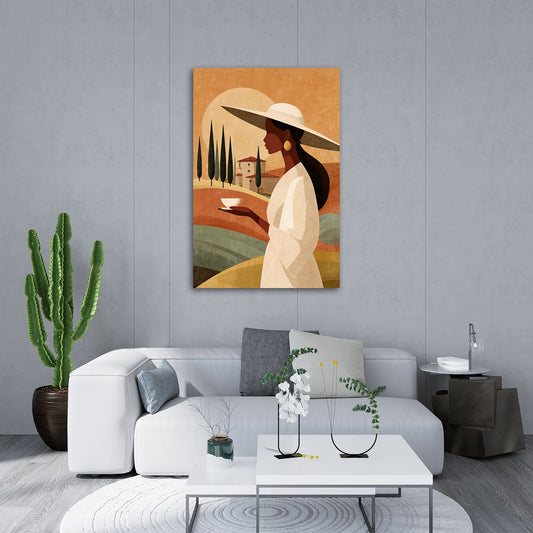 Grafisches Porträt Wandbild über einem Sofa im Wohnraum