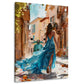 Frau in blauem Kleid auf Vespa in mediterraner Sommergasse Wandbild
