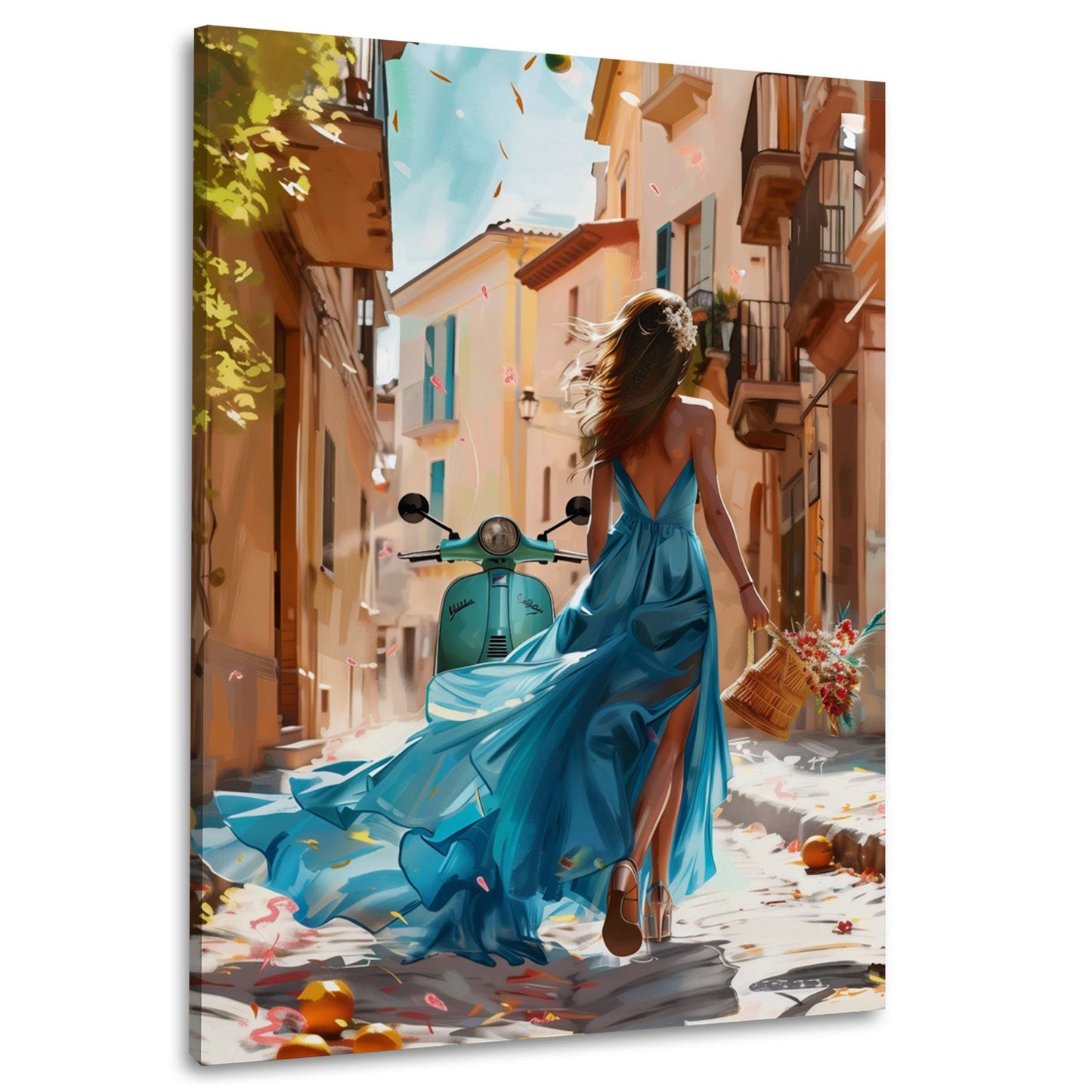 Frau in blauem Kleid auf Vespa in mediterraner Sommergasse Wandbild