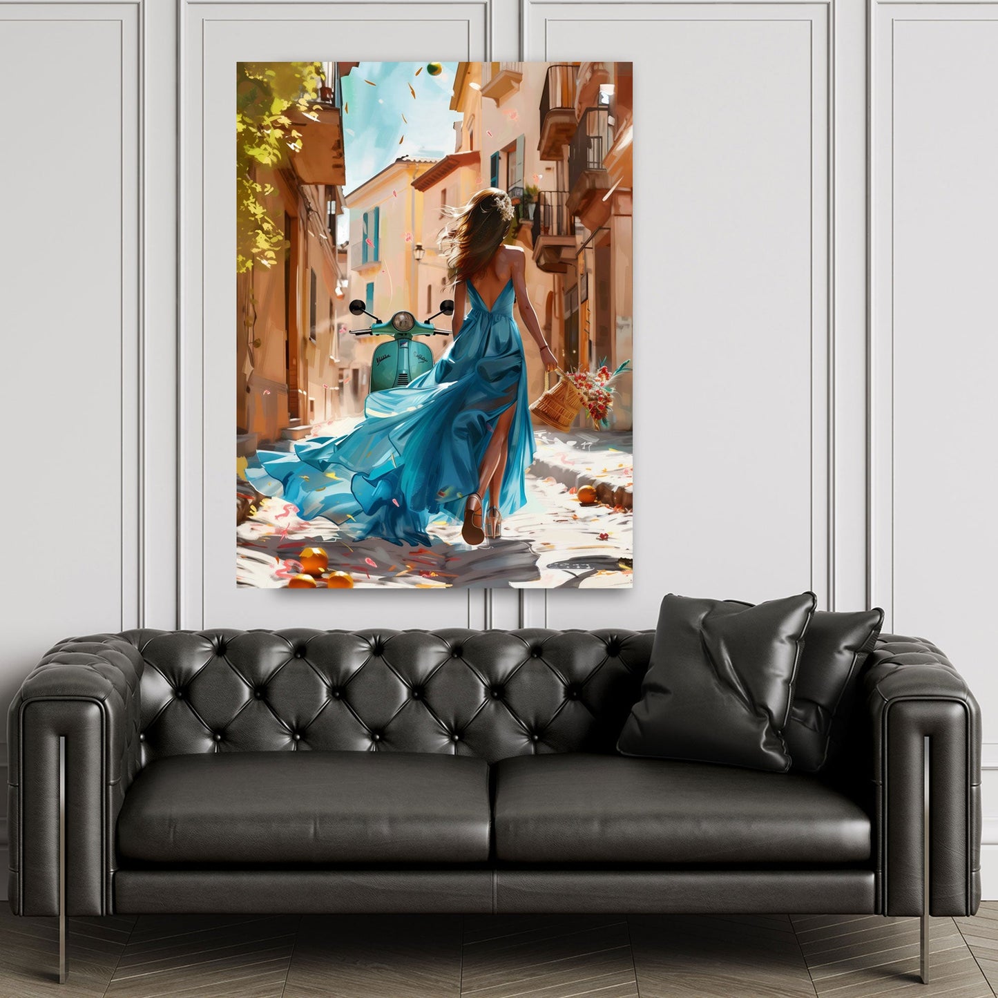 Frau in blauem Kleid auf Vespa in mediterraner Sommergasse Wandbild