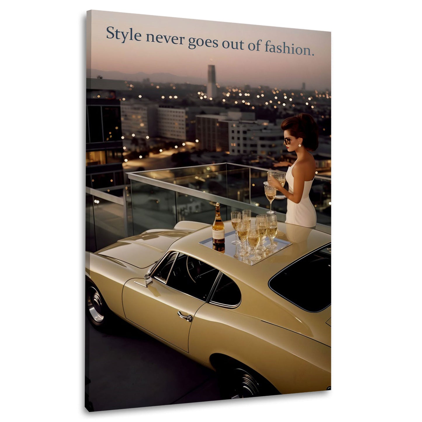 Frau mit Oldtimer und Champagner Luxus Lifestyle Wandbild