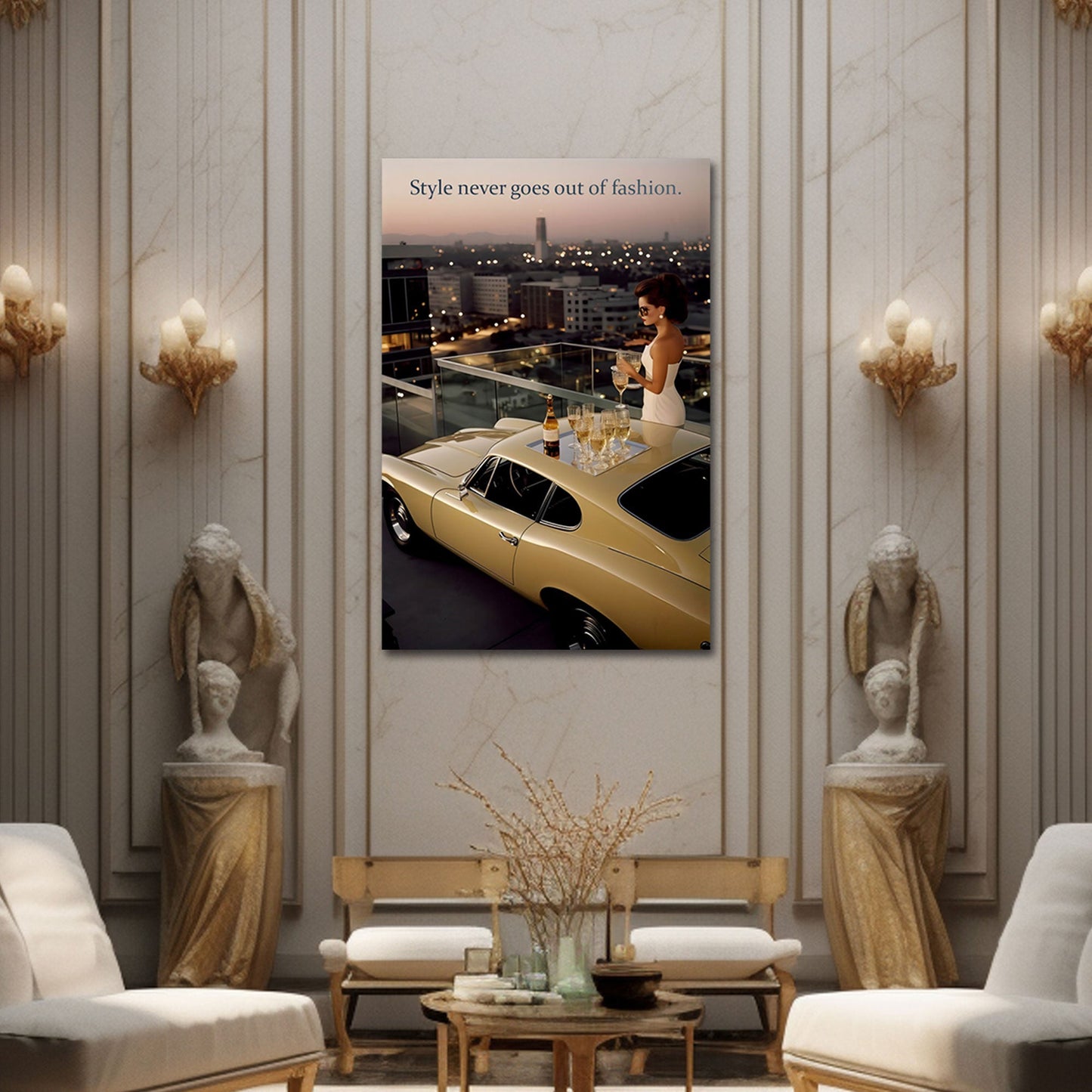 Frau mit Oldtimer und Champagner Luxus Lifestyle Wandbild