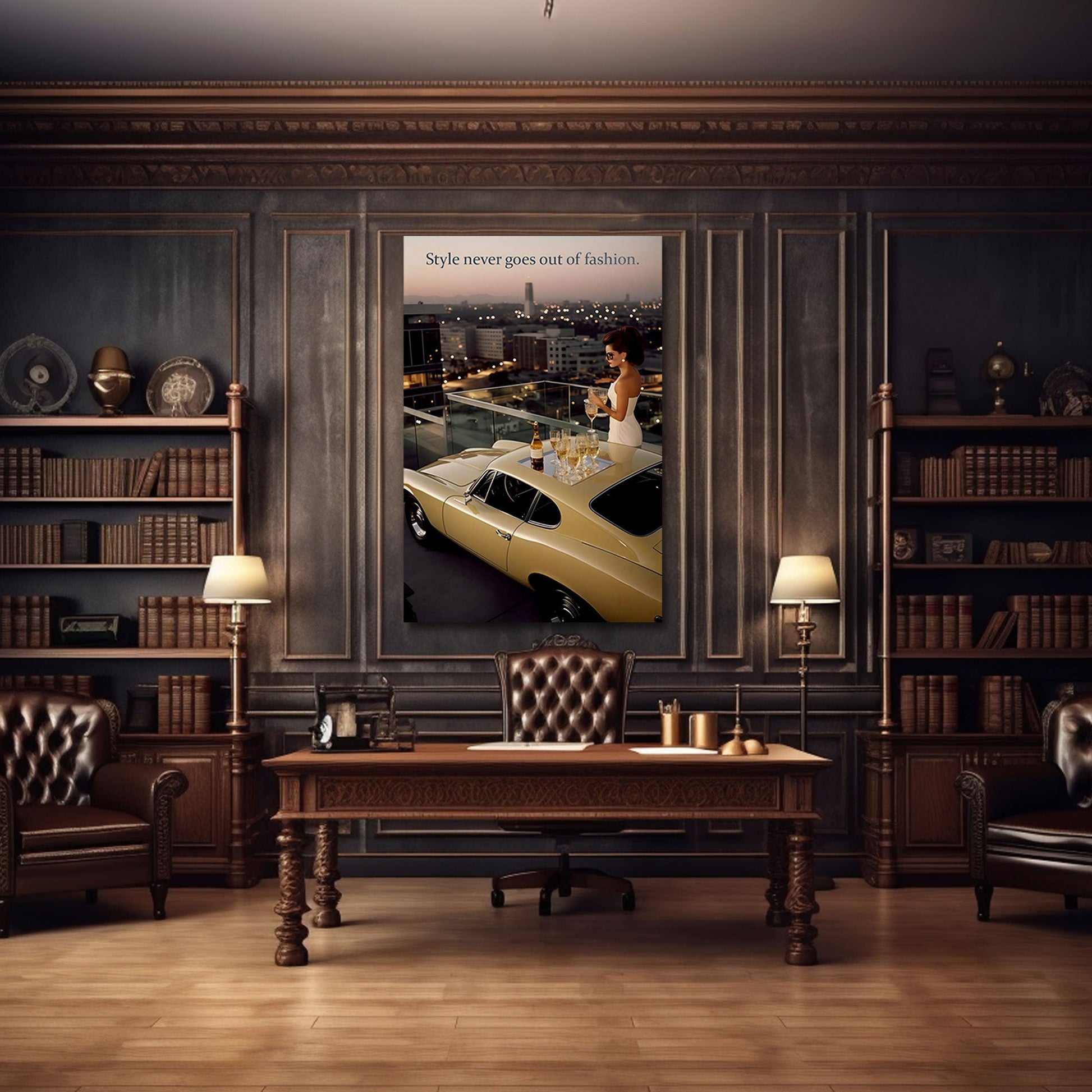 Frau mit Oldtimer und Champagner Luxus Lifestyle Wandbild