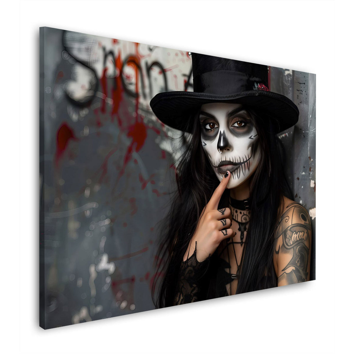 Frau mit Totenkopf Make-up und Zylinder Gothic Wandbild