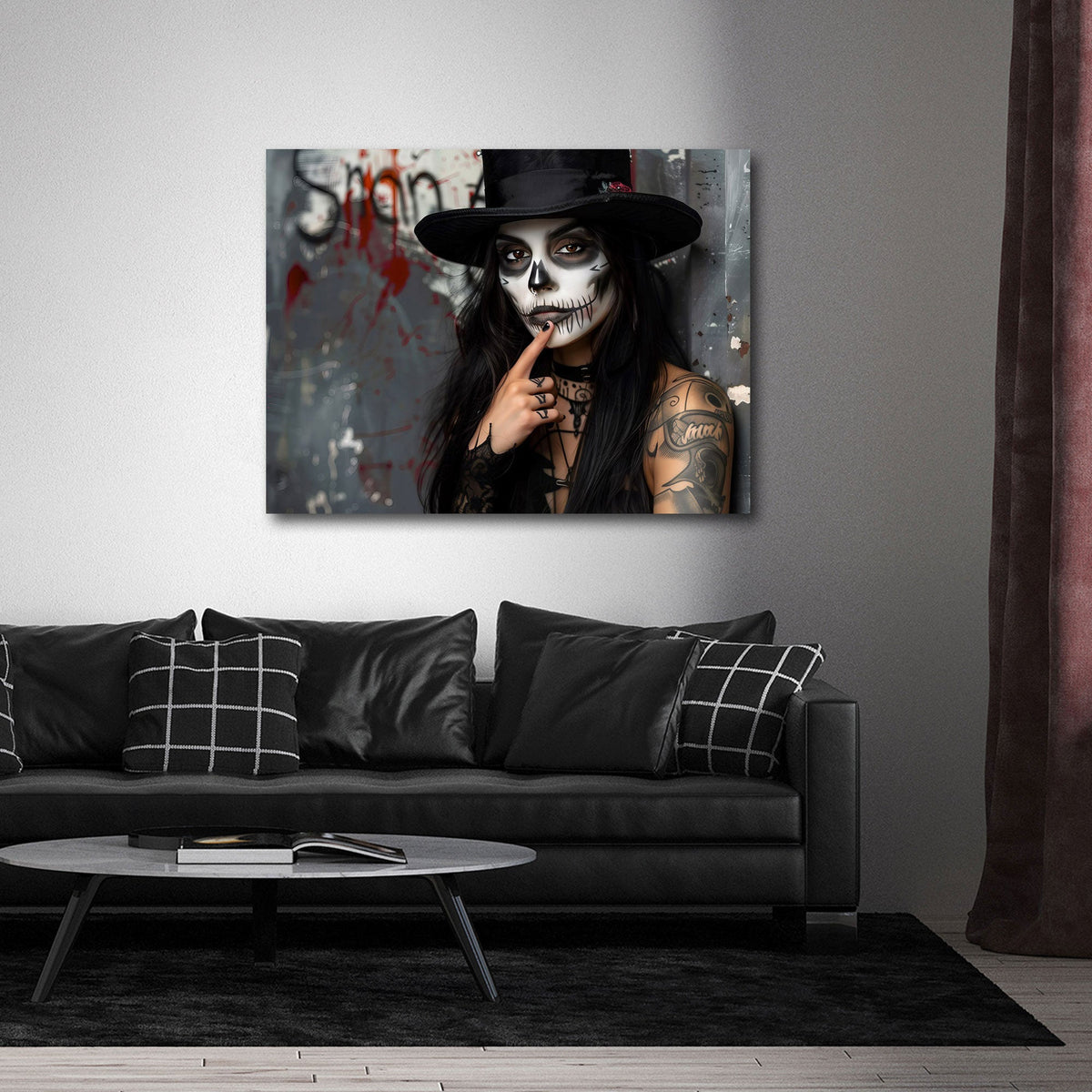Frau mit Totenkopf Make-up und Zylinder Gothic Wandbild