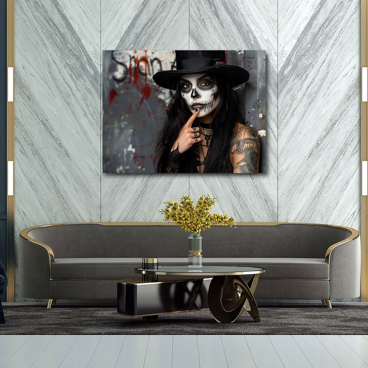 Frau mit Totenkopf Make-up und Zylinder Gothic Wandbild