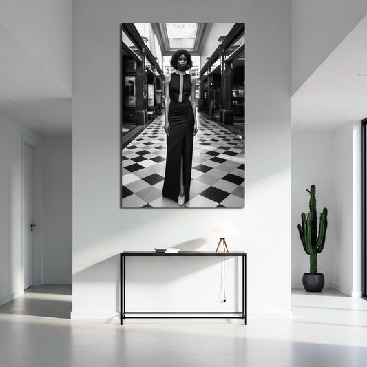 Frau Mode schwarz weiß elegantes Kleid Galerie Architektur Wandbild