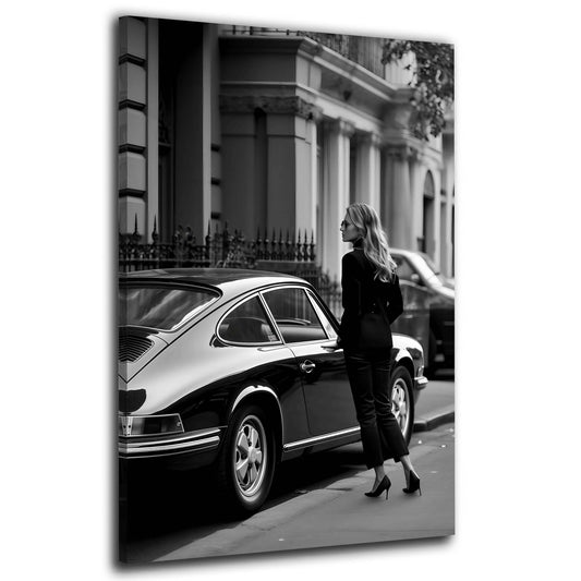 Frau Oldtimer Stadtstil Modeklassiker schwarz weiß Wandbild