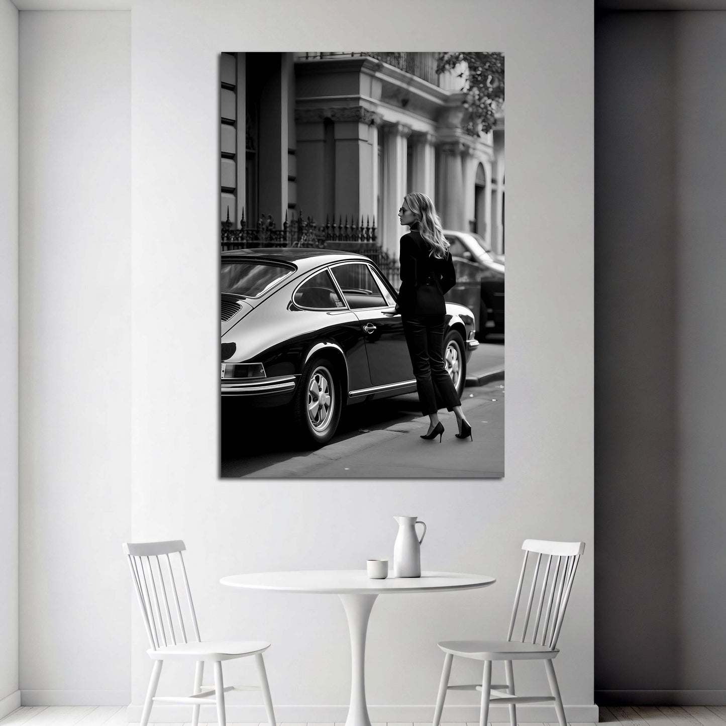 Frau Oldtimer Stadtstil Modeklassiker schwarz weiß Wandbild