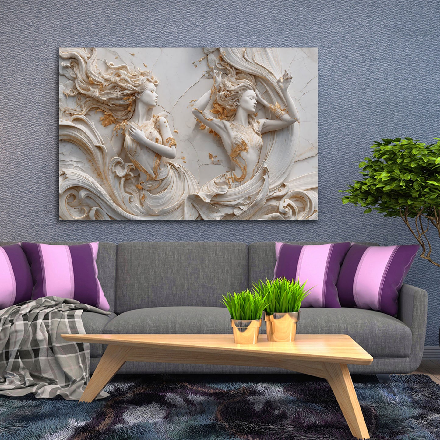 Frauen fließende Haare elegante Figuren goldene Details Wandbild