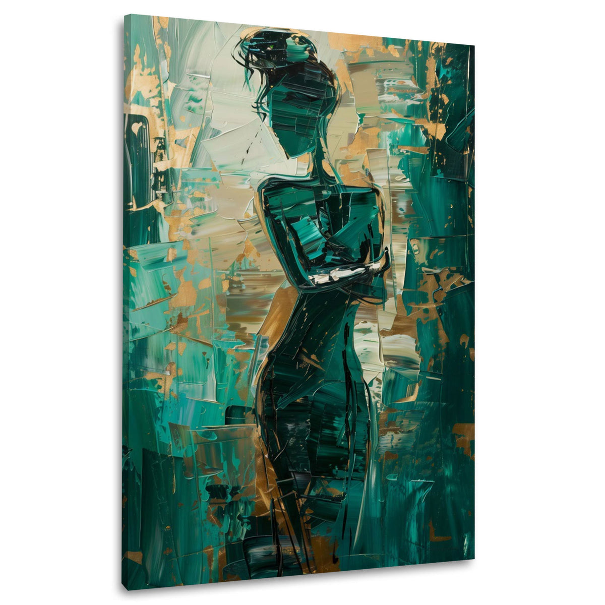 Frauenfigur in Grün und Gold abstraktes Wandbild im Hochformat
