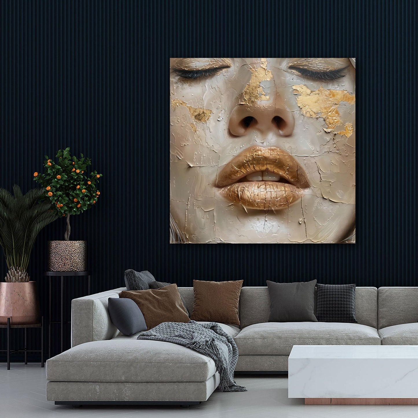 Frauenportrait goldene Texturkunst expressiv Wandbild