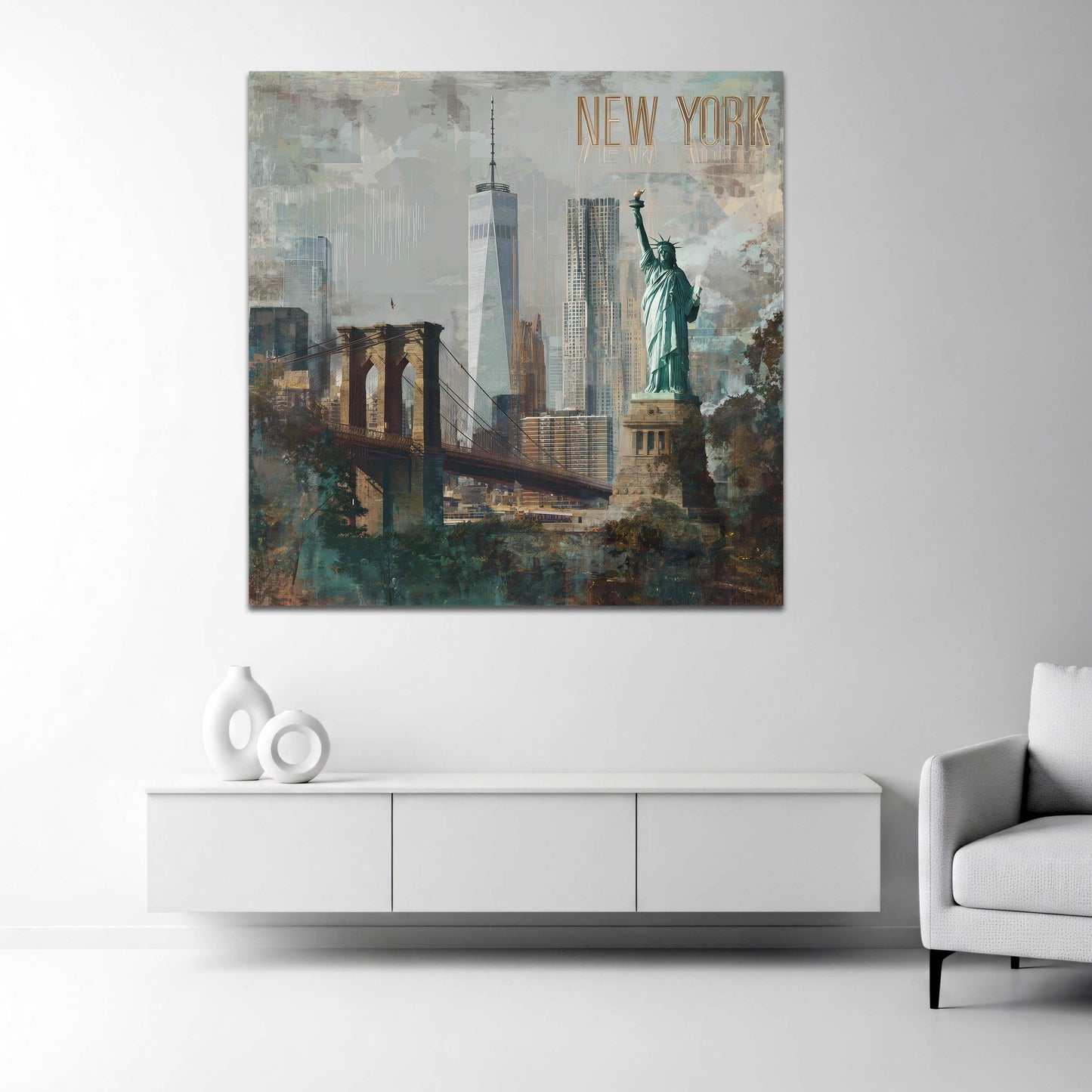 Freiheitsstatue in New York mit Brooklyn Bridge urbanes Wandbild