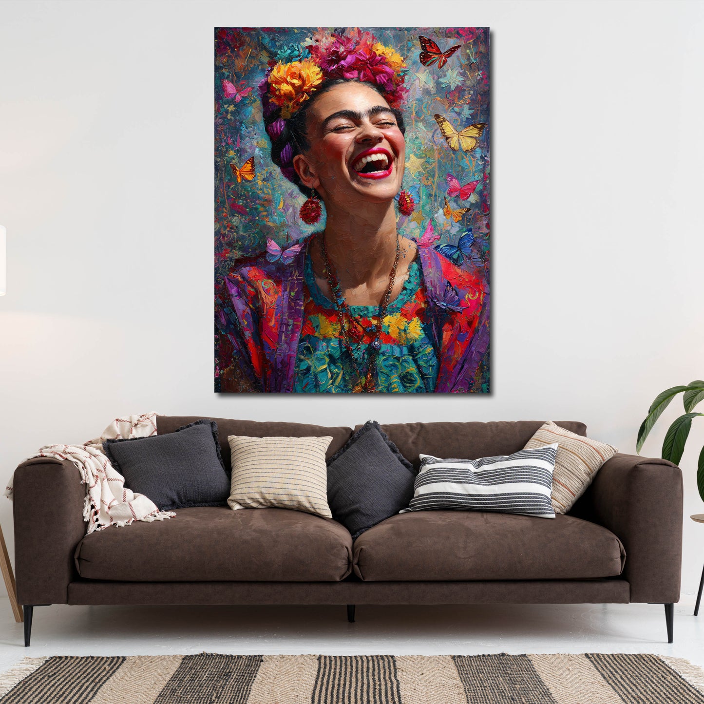 Frida bunte Blumenkrone Schmetterlinge Porträt Wandbild