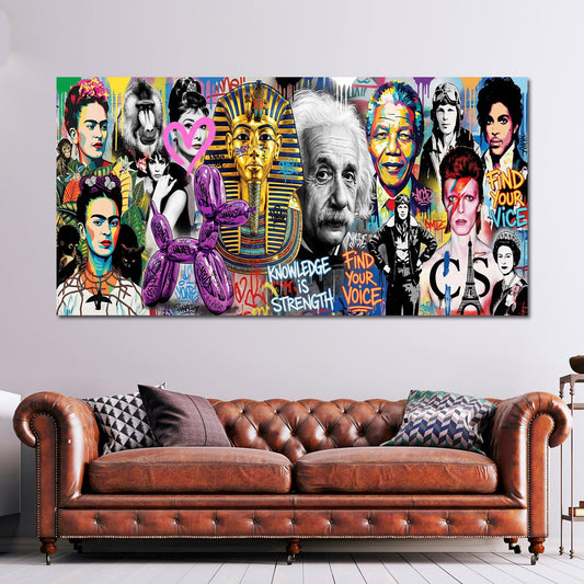 Pop Art Collage mit Frida, Einstein und Audrey Wandbild