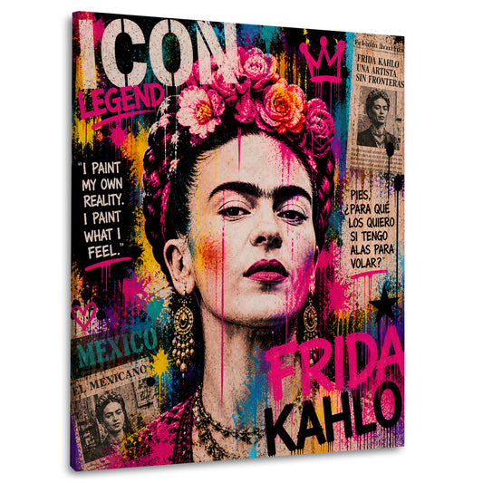 Frida mit Blumenkranz im bunten Pop Art Stil Wandbild