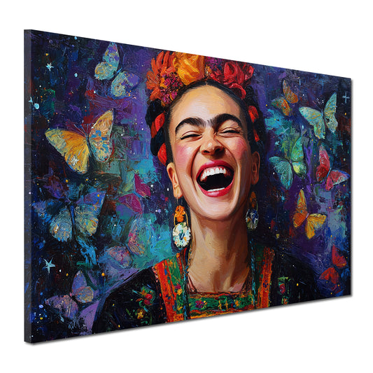Frida lachend bunte Schmetterlinge Porträt Wandbild
