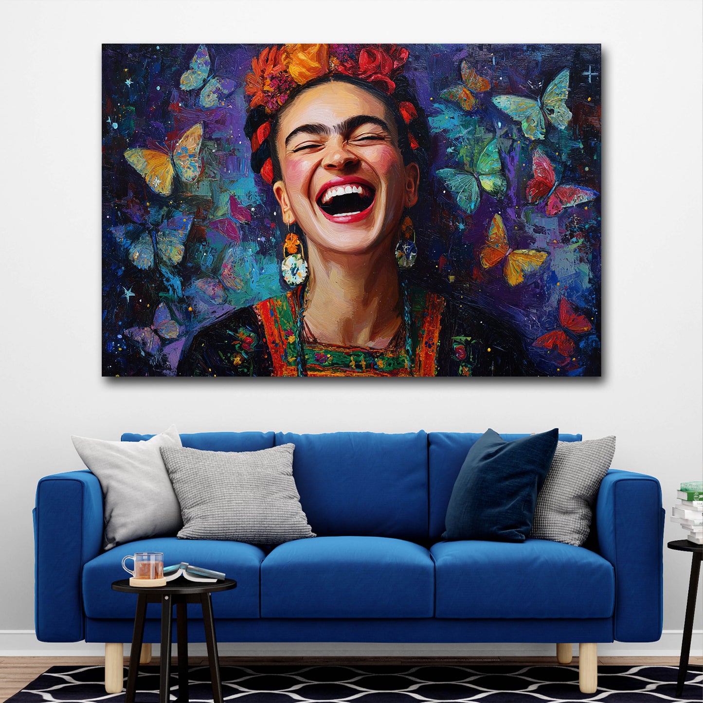 Frida lachend bunte Schmetterlinge Porträt Wandbild