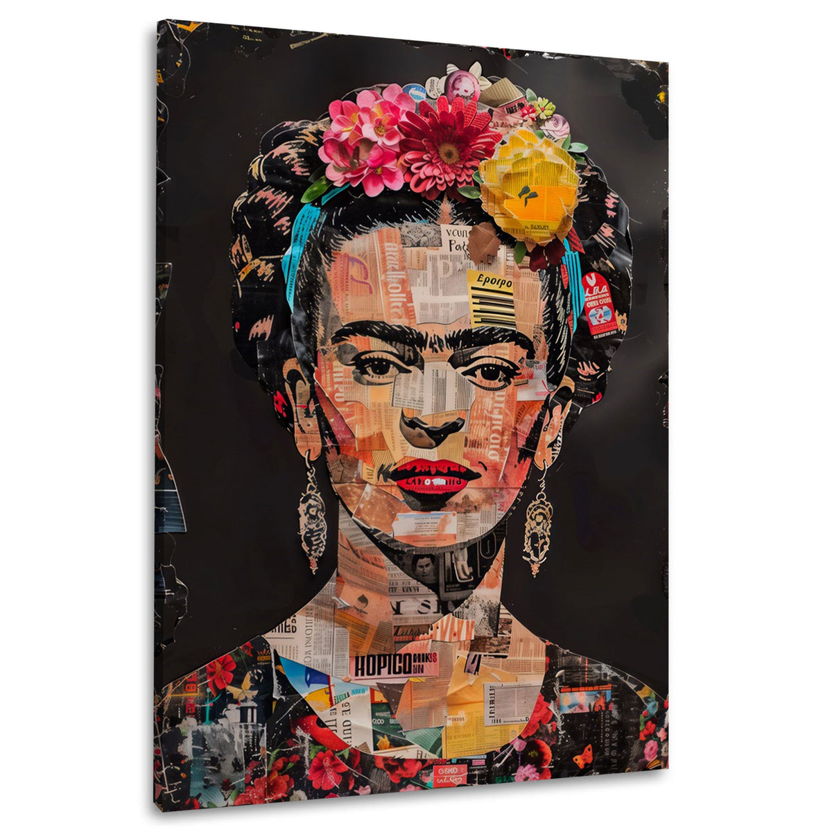 Frida mit Blüten als Collage Wandbild im Hochformat