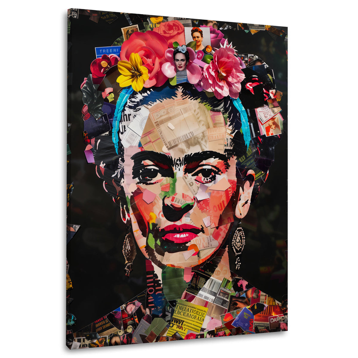 Frida mit Blumenkranz als bunte Collage Wandbild im Hochformat