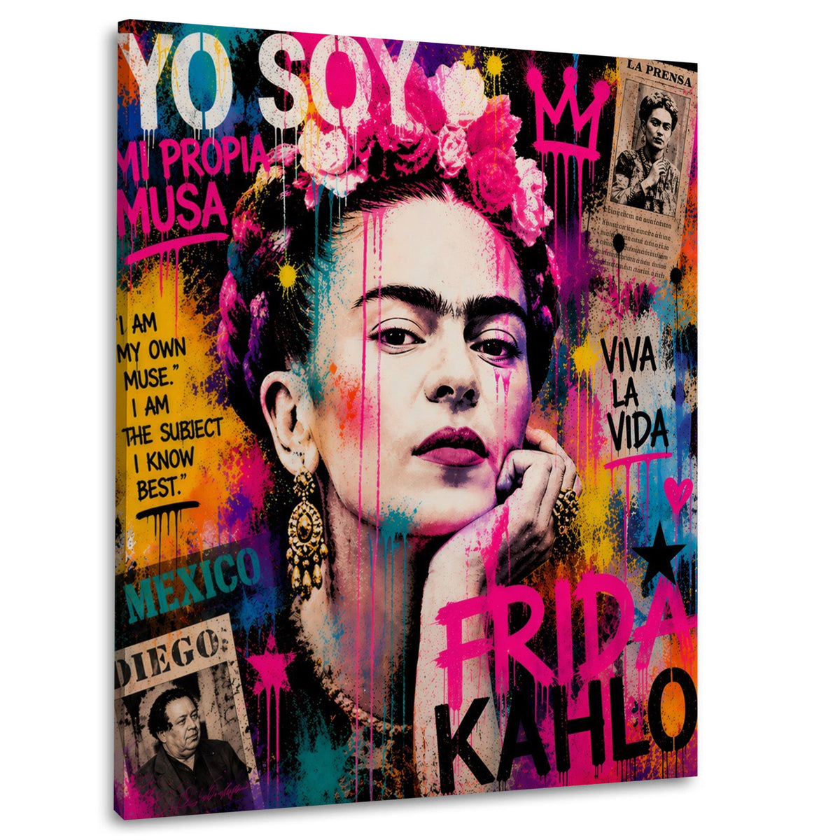 Frida mit Blumenkranz als bunte Street Art Collage Wandbild