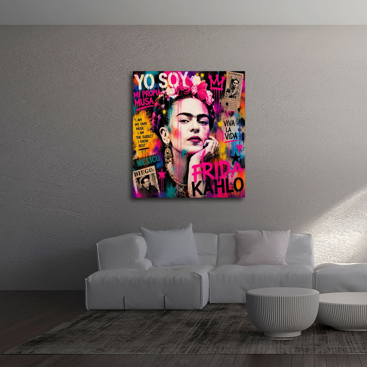 Frida mit Blumenkranz als bunte Street Art Collage Wandbild