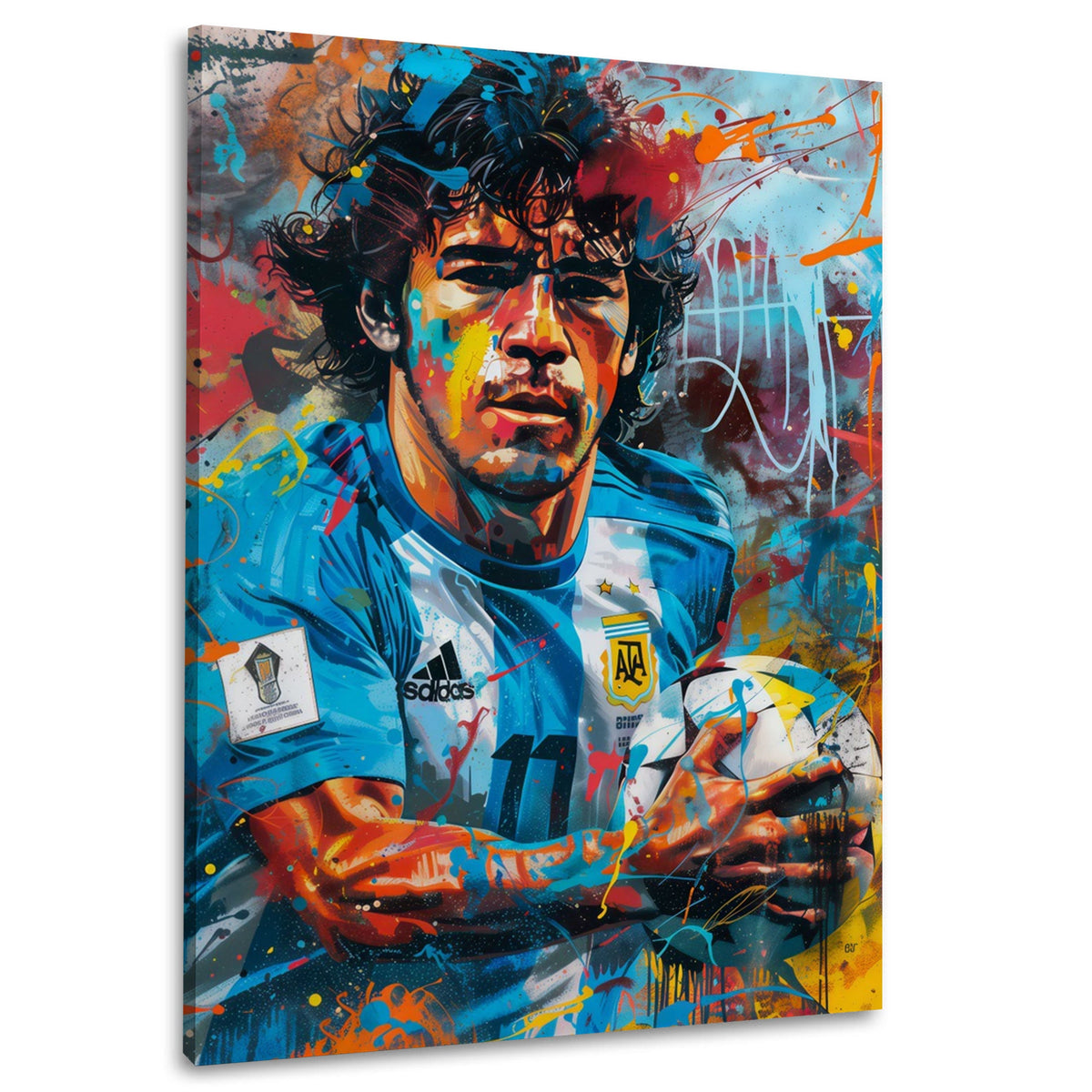 Fußballlegende Maradona mit Ball als Street Art Wandbild