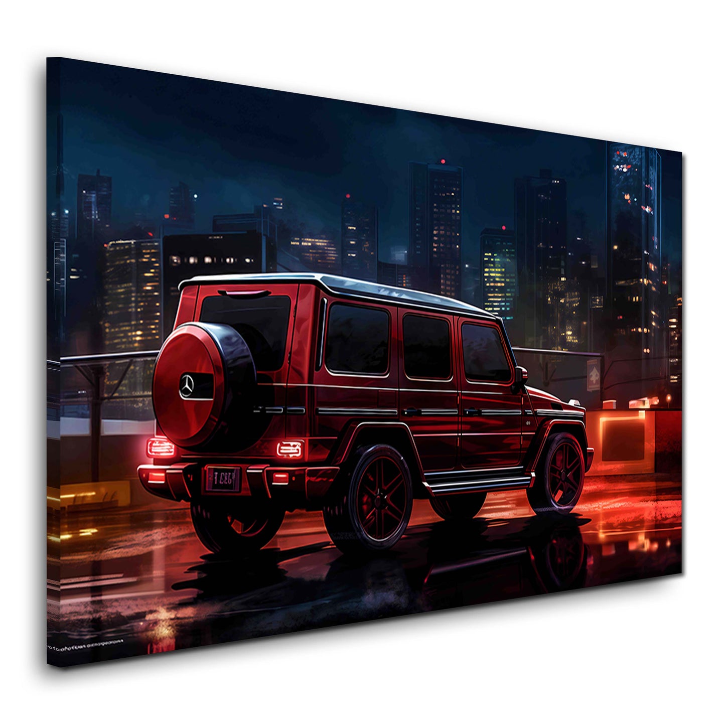 G-Klasse rotes Auto bei Nacht vor Skyline Wandbild