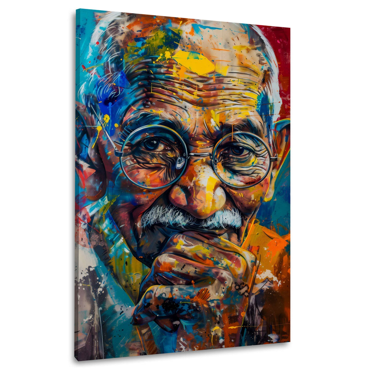 Gandhi Porträt mit Farbspritzern Wandbild im Hochformat