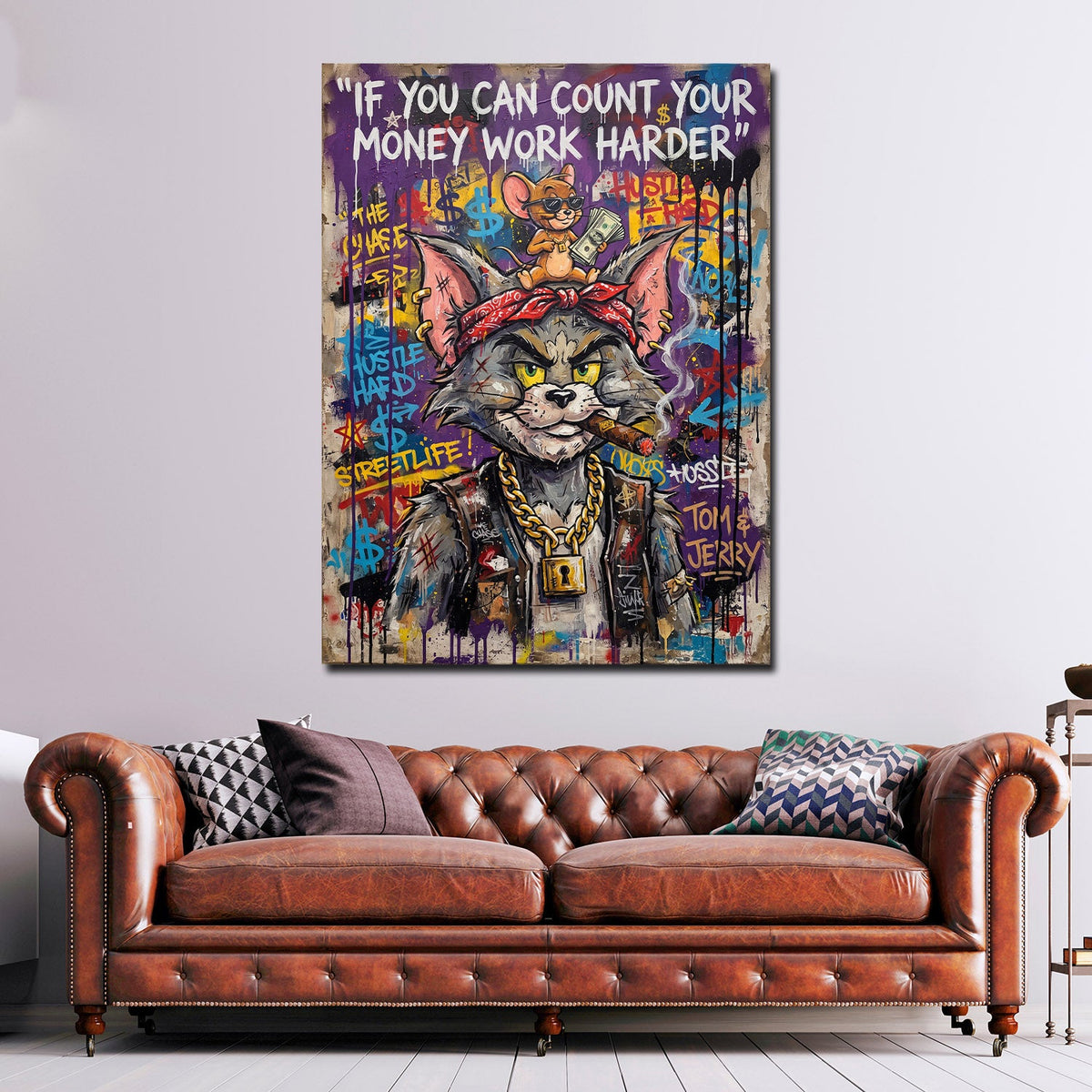 Gangster Kater und Maus Graffiti Wandbild im Wohnzimmer