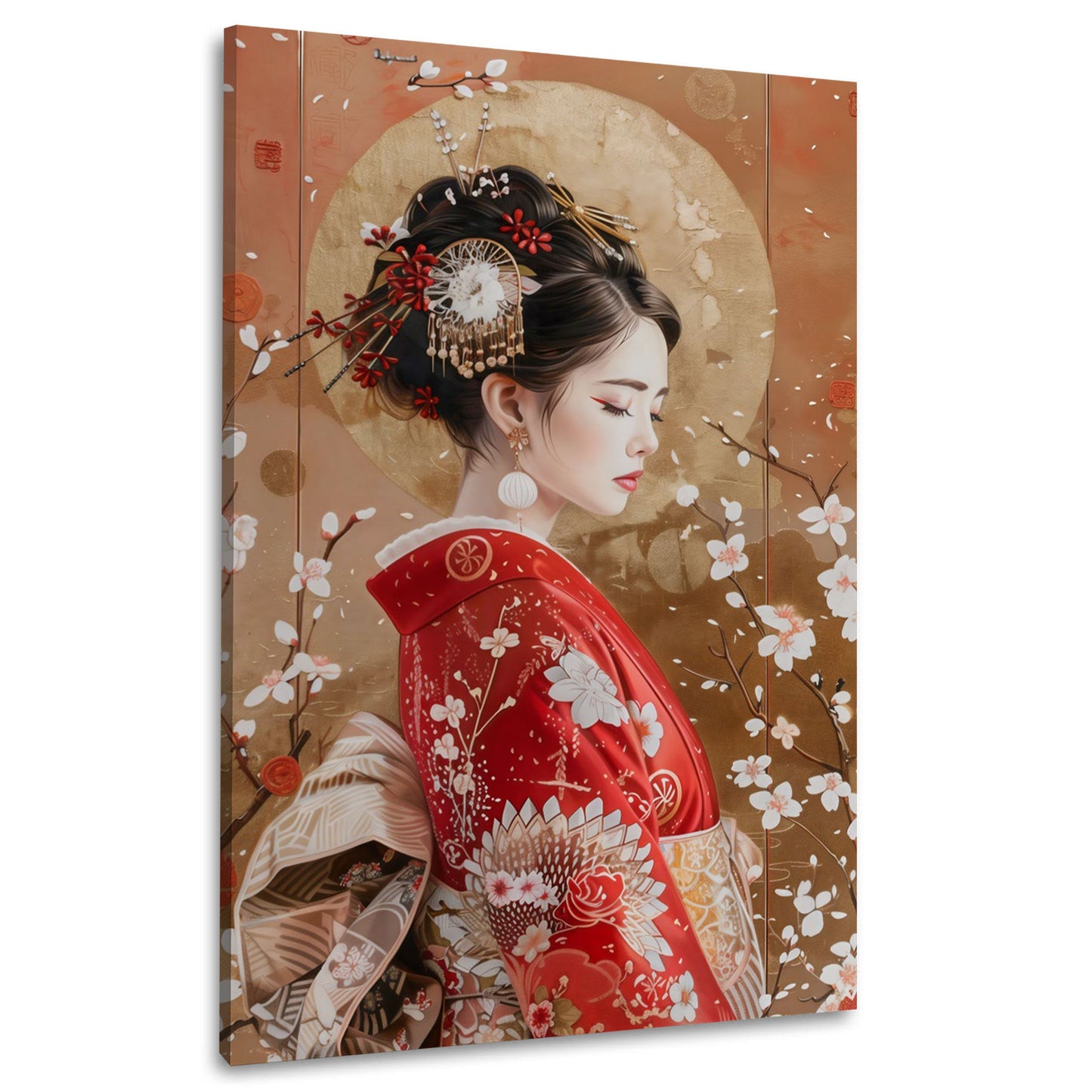 Geisha Porträt im Kimono mit Blüten im Haar elegantes Wandbild
