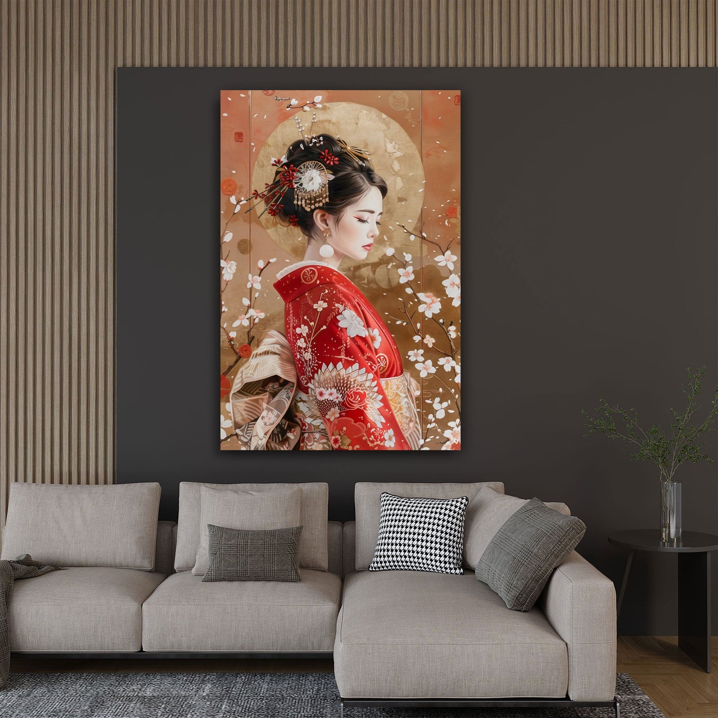 Geisha Porträt im Kimono mit Blüten im Haar elegantes Wandbild