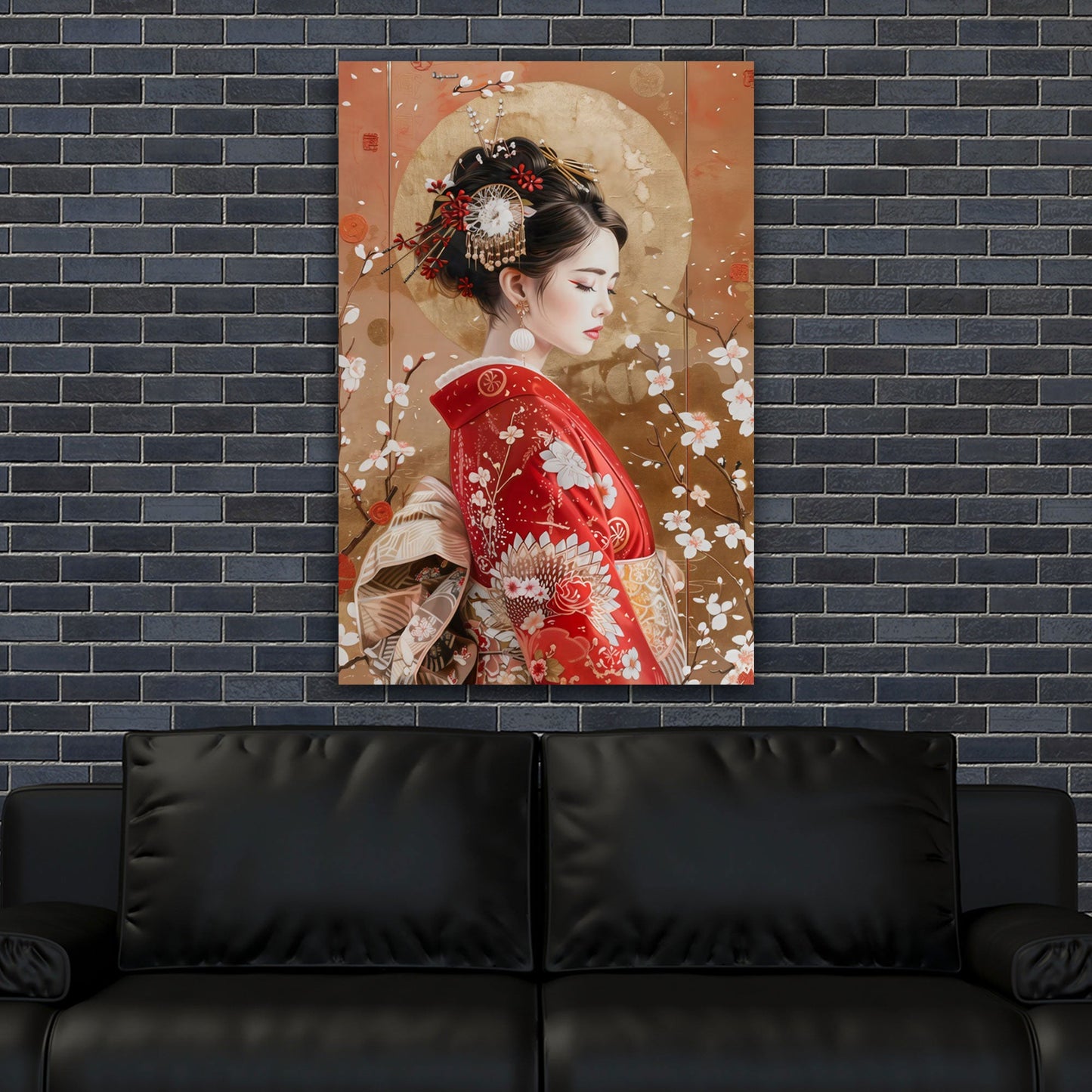Geisha Porträt im Kimono mit Blüten im Haar elegantes Wandbild