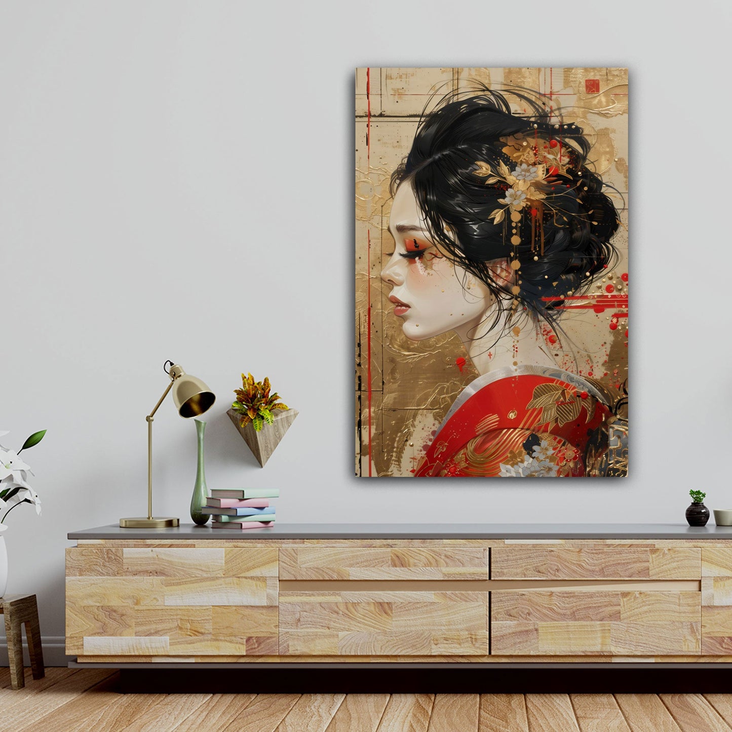 Geisha Porträt traditionell im Kimono mit Fächer elegantes Wandbild